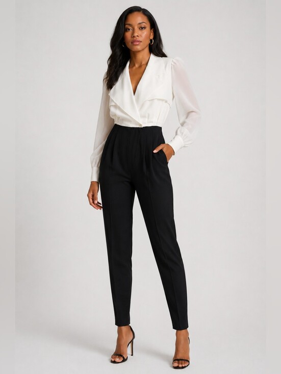Vintage Pants - Vintage 80s Positively Ellyn Tuxedo Jumpsuit Size 4 Sheer Sleeve Black Ivory